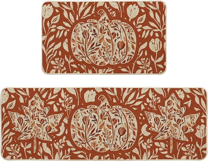 Artoid Mode Orange Flower Pumpkin Fall Kitchen Mats Set of 2, Autumn Home Decor Low-Profile Kitchen Rugs for Floor - 17x29 and 17x47 Inch