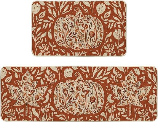 Artoid Mode Orange Flower Pumpkin Fall Kitchen Mats Set of 2, Autumn Home Decor Low-Profile Kitchen Rugs for Floor - 17x29 and 17x47 Inch