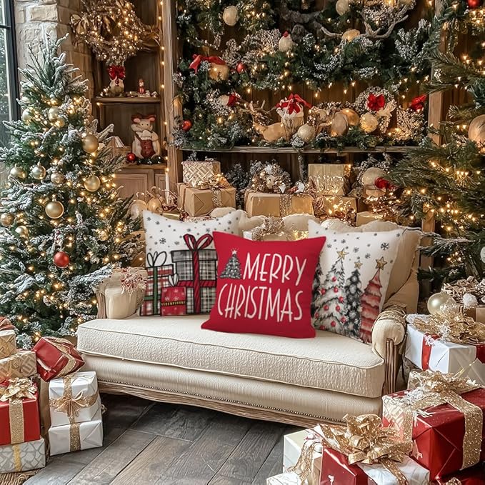 GEEORY Christmas Pillow Covers 18x18 Inch Set of 4, Snowflake Xmas Tree Present Merry Bright Holiday Decor Decorative Cushion Cases Winter Decoration for Home G401N-18