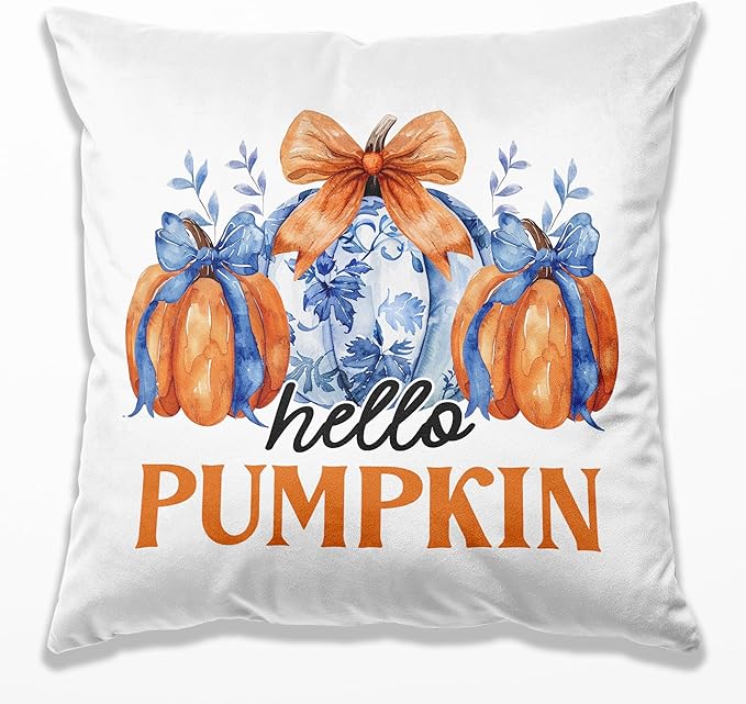 Chinoiserie Fall Pumpkin Pillow Covers 18x18,Autumn Decor,Blue and White Orange Chinoiserie Pumpkin Decorative Throw Pillow Covers for Home Bedroom Living Room