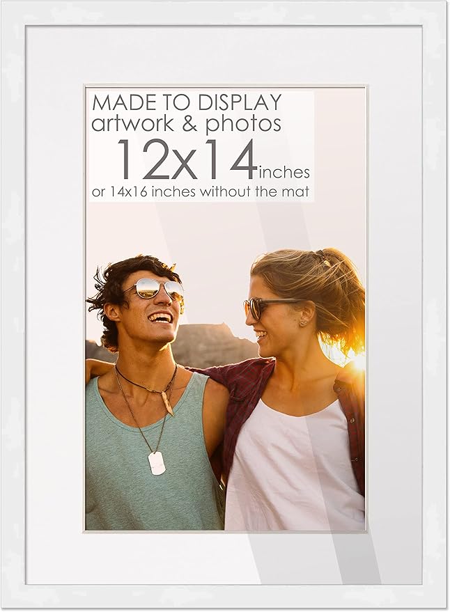 12x14 Frame White Wood with White Mat | 14x16 Frame Matted to 12x14 | Display Your Picture Under UV Acrylic Shatter Guard Front, with Foam Board Backing and Wall Hanging Hardware - Solid Pine Frame