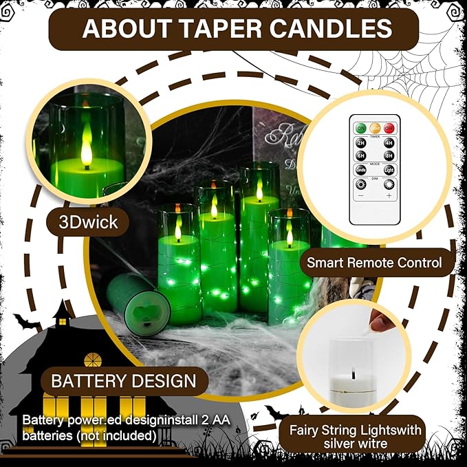 Flameless LED Candles with Timer 5 Pc Flickering Flameless Candles for Romantic Ambiance and Home Decoration Stable Acrylic Shell,with Embedded Star String,Battery Operated Candles(Green)