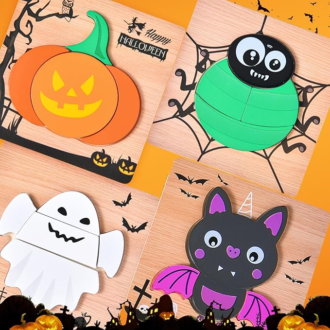 4 Pack Halloween Wooden Puzzles for Kids Toddlers Jigsaw Puzzles Halloween Toys for Halloween Party Favors Treat Bag Prizes