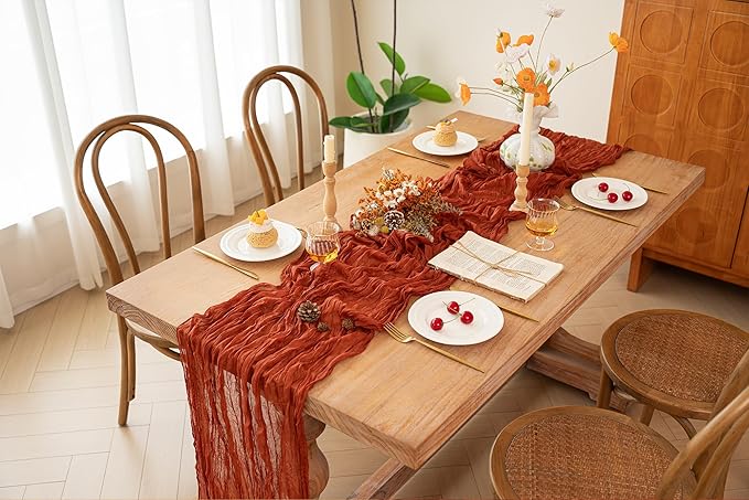 FEXIA Terracotta Cheesecloth Table Runner 35x120 Inches Orange Red Rust Boho Gauze Christmas Table Runners Burnt for Wedding Decor Reception Bridal Shower Centerpiece