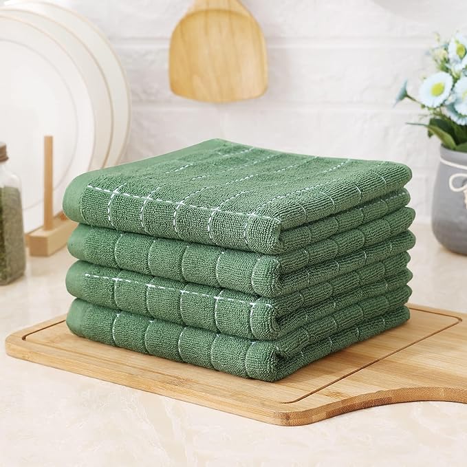 Homaxy 100% Cotton Terry Kitchen Towels(Grass Green, 13 x 28 inches), Checkered Designed, Soft and Super Absorbent Dish Towels, 12 Pack