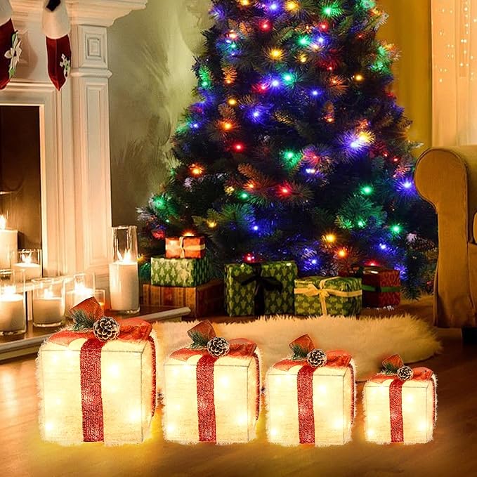 Christmas Lighted Gift Boxes Decorations Set of 4, 2.8Ft Stackable Christmas Nesting Boxes Battery Operated for Home and Party Decoration (8"-6"-5"-4", Red Bow)