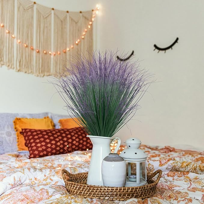 12Pcs Artificial Grass Plants, Faux Shrubs Wheat Grass, Artificial Tall Grass Fake Plants for Outdoor Decor,Artificial Greenery Stems Weed for Room Indoor Home Decor(Green Purple Tail)