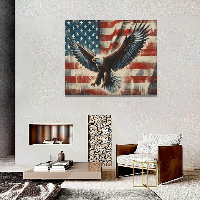 Large Bald Eagle Wall Art American Flag and Eagle Pictures Wall Decor Patriotic Motivational Bedroom Sign Canvas Painting Prints Modern Home Decoration Artworks Framed for Living Room Office 20"x16"