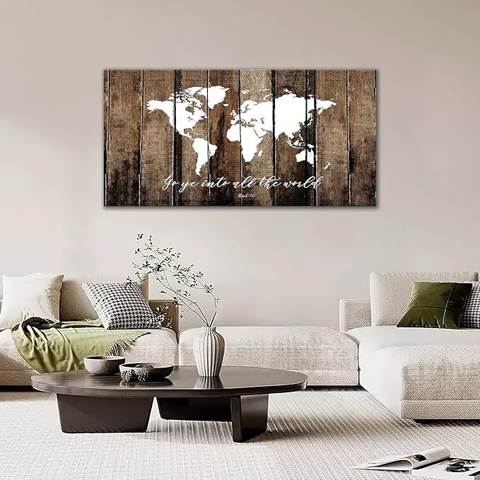 Large World Map Wall Art Rustic World Map Pictures Wall Decor Go Ye Into All The World And Preach The Gospel Canvas Painting Print Home Artwork Framed for Living Room Bathroom Master Bedroom 60"x30"