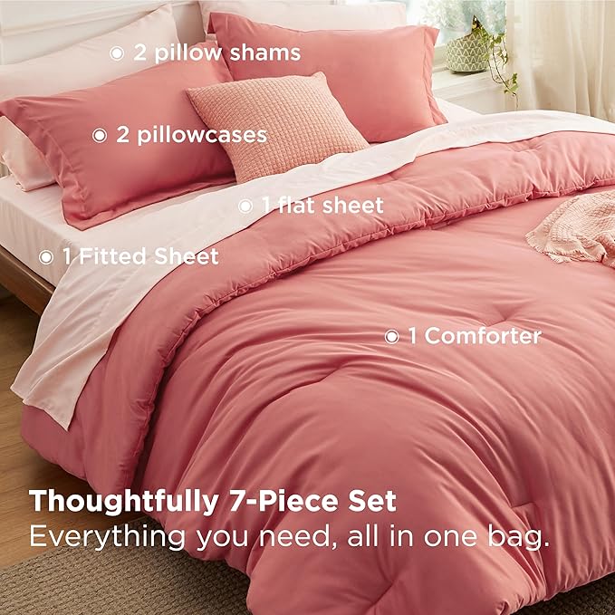 Bedsure King Size Comforter Set - 7 Pieces Coral King Bedding Set for All Seasons, Boho Contrasting Design Bed in a Bag with Comforter, Sheets, Pillowcases & Shams