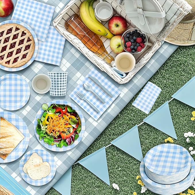 180Pcs Blue Gingham Party Supplies Paper Plates and Napkins Serve 60 Disposable Tableware Set for Birthday Party Decorations Game Day Family School Holiday Sports Events