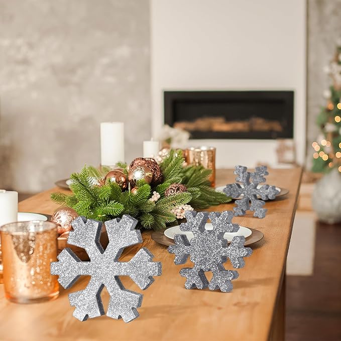 Bucherry 3 Pcs Winter Wooden Snowflake Decor Rustic Winter Snowflake Table Signs Wonderland Wood Blocks Farmhouse Christmas Tiered Tray Decorations for Xmas Table Shelf(Glitter Gray)