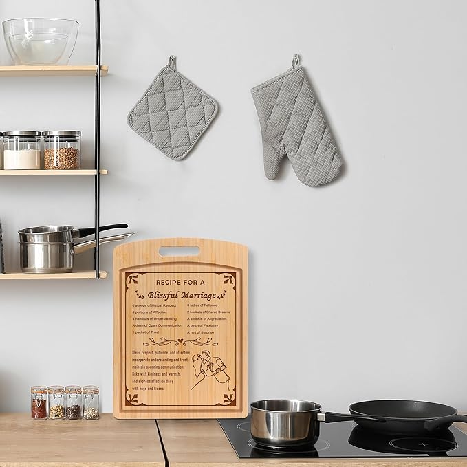 Joeyan Cutting Boards Wood Engraved Marriage Recipe Present for Wedding Engagement New Couples 2025 Bride Groom Bridal Shower Registry Anniversary Newlyweds Mr Mrs with Gift Box Double Side Grooves