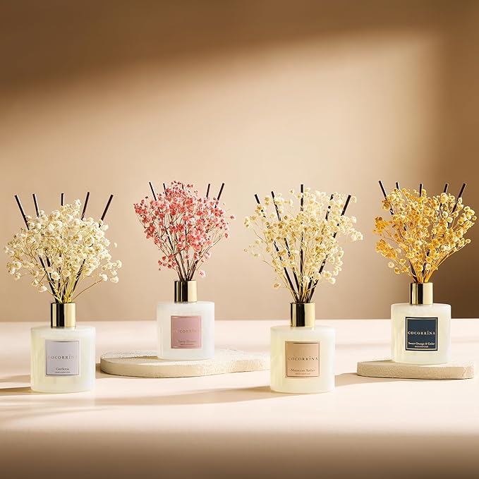 COCORRÍNA Reed Diffuser - Gardenia 6.7 Fl.oz Reed Diffuser Set with Sticks & Preserved Baby's Breath, Reed Diffuser for Home Bathroom Shelf Decor