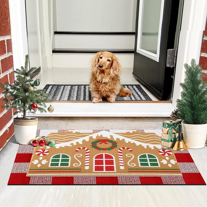 2 Pcs Christmas Door Mat Gingerbread House Welcome Non Slip Coir Mats Merry Xmas Red White Buffalo Plaid Floor Layering Doormats Seasonal for Front Porch Entryway Decor(Gingerbread House)