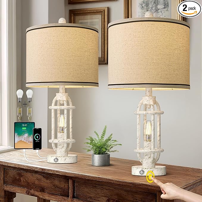 23.75'' Table Lamps Set of 2 for Living Room Bedroom Industrial Farmhouse Metal Touch Lamps with USB A+C Ports, Night Light Vintage Nightstand Bedside Lamp, Bulbs Included, White