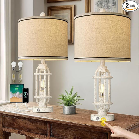 23.75'' Table Lamps Set of 2 for Living Room Bedroom Industrial Farmhouse Metal Touch Lamps with USB A+C Ports, Night Light Vintage Nightstand Bedside Lamp, Bulbs Included, White