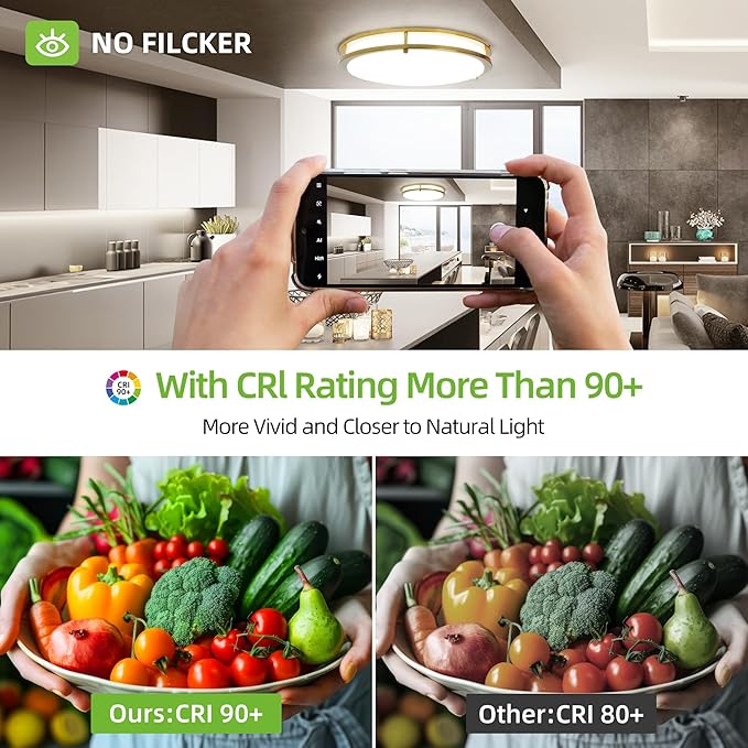 hykolity 16 inch Dimmable LED Flush Mount Ceiling Light Fixture, Gold, 36W, 2200LM, 2.7/3/3.5/4K/5K Adjustbale, 120°Light Angle, CRI90, Ceiling Lamp for Bedroom, Kitchen, Office, ETL Listed