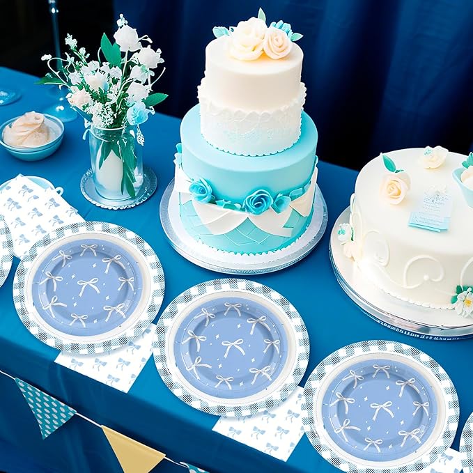 180Pcs Blue Bow Party Supplies Paper Plates and Napkins Serve 60 Disposable Tableware Set for Birthday Party Decorations Game Day Family School Holiday Sports Events