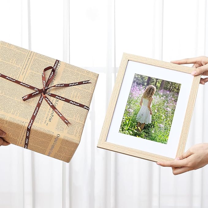 Vittanly 8.5x11 Picture Frames Set of 9, Shatter Resistant Plexiglass, Display 6x8 Pictures with Mat or 8.5x11 without Mat, Photo Frames for Wall or Tabletop, Engineered Wood, OAK