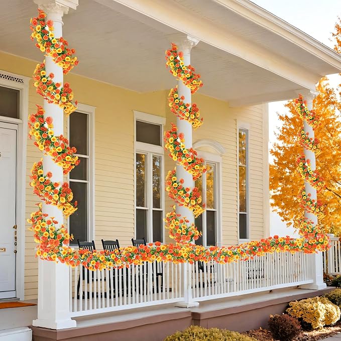 Dremisland Fall Artificial Flowers Garland 2Pcs 5.9Ft Artificial Fall Morning Glory Flower Vines UV Resistant Orange Yellow Hanging Autumn Floral Vines for Home Garden Wedding Party Thanksgiving Decor