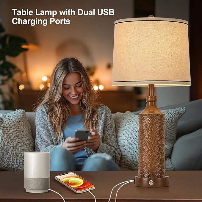 AIDENOEY 27.5" H 3-Way Dimmable Touch Control Table Lamp with USB A+C Ports, Vintage Walnut Finish Resin Bedside Farmhouse Table Lamp Set of 2,for Living Room,Bedroom,Office