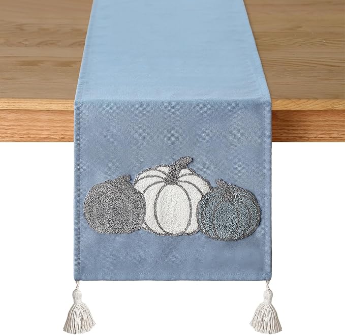 Breling Thanksgiving Pumpkin Table Runner Jacquard Fall Pumpkin Thanksgiving Dinner Table Runner Autumn Harvest Decoration for Kitchen Dining Home Dinner Party 13x72 Inch (Blue)
