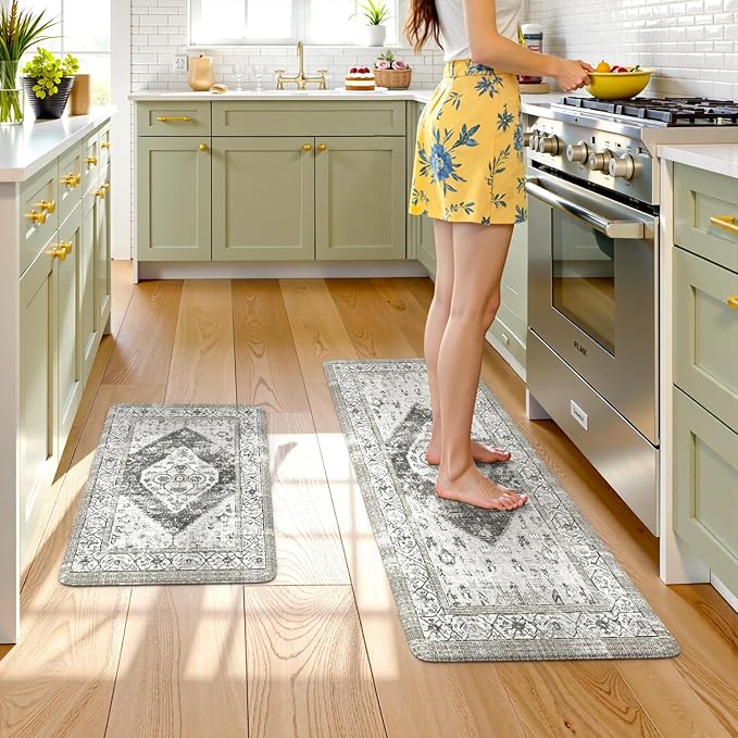KIMODE Anti Fatigue Kitchen Mats, Boho Vintage Kitchen Rugs Sets of 2, Non Slip Waterproof Kitchen Floor Mats, Ergonomic Cushioned Standing Mats for Sink, Laundry, Desk Grey 20"x47"+20"x32"