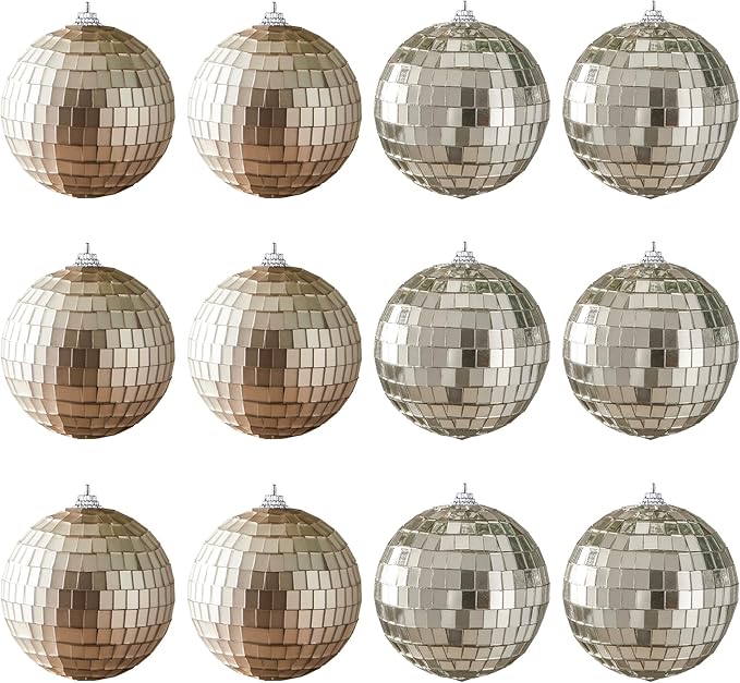 12 PCS Disco Balls Ornaments, Small Disco Balls Party Decorations, 3.15in Brown and Grey Glass Hanging Decor for Home Birthday Decoration KTV Party Decor Fall Decor Xmas Tree