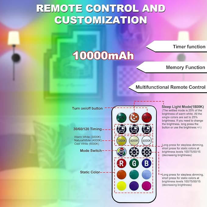 10000mAh Battery Operated Wall Sconces Set of Two, 28 Inches Long Wireless Sconces Set of 2 Wall Light with RGB Rechargeable Magnetic Bulb, Sconces Wall Decor Set of 2 for Bedroom Living Room, Black
