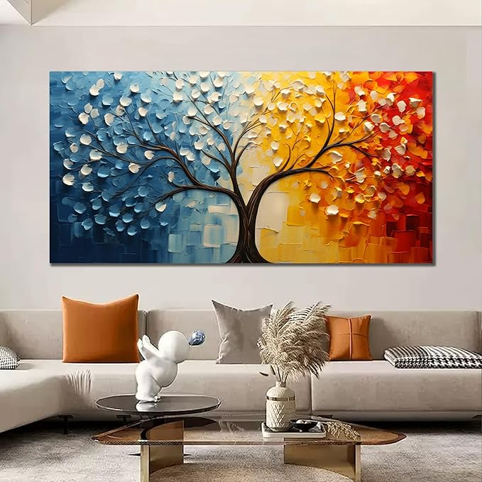 Colorful Tree of Life Wall Art for Living Room Blue and Orange Tree Picture Large Artwork Office Bedroom Canvas Prints Size 29x58