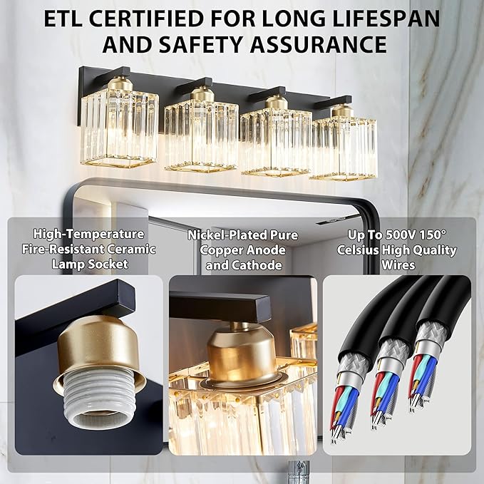 Bathroom Vanity Light Fixtures Over Mirror - Makeup Lighting Black Gold - for Modern Wall, Bath, Desk, Farmhouse, Hallway 4 Crystal Lights