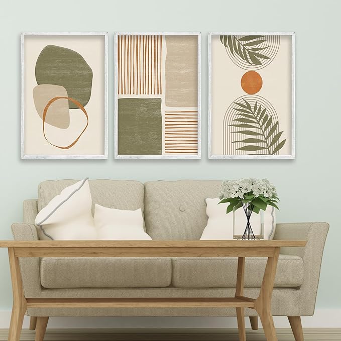 Boho Geometric Green Polygon Tropical Leaves Illustrations Wall Art 16"x24" Wood Set Of 3 Framed Abstract Shapes Sign Modren Living Room Bedroom Office Neutral Print Wall Hang Decor (White)