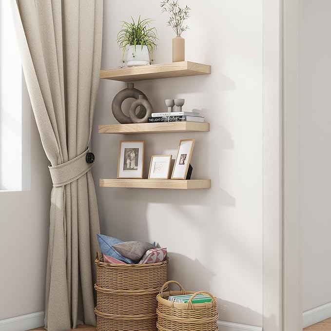 fuqing Natural Wood Floating Shelves - Wood Floating Shelves for Wall Set of 3-17 Inch Wide x 6.7 Inch Deep Natural Wooden Shelves for Living Room Bedroom Home Office