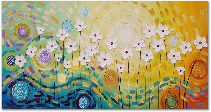 Yihui Arts White Flower Canvas Wall Art Hand Painted 3D Colorful Oil Painting Modern Aestheric Pictures for Living Room Bedroom Dinning Decoration