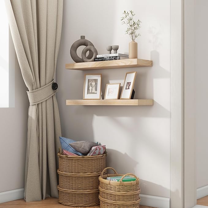 fuqing Natural Wood Floating Shelves for Wall - 24 Inch Wood Shelves Set of 2 - Natural Wooden Wall Shelves for Living Room Bedroom Home Office