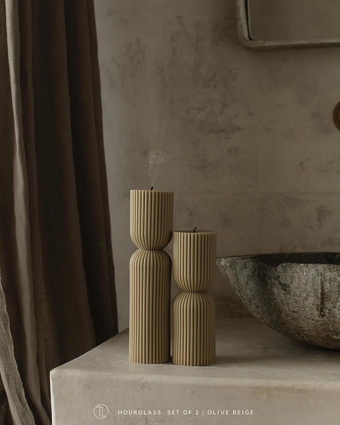 LAWA Hourglass Pillar Candle - Large Beautiful Handmade Pillar Scented Soy Wax Candle Elegant Bubble Aesthetic Candle Housewarming Gift Home Room Shelf Decor Idea Olive Beige (Set of 2)