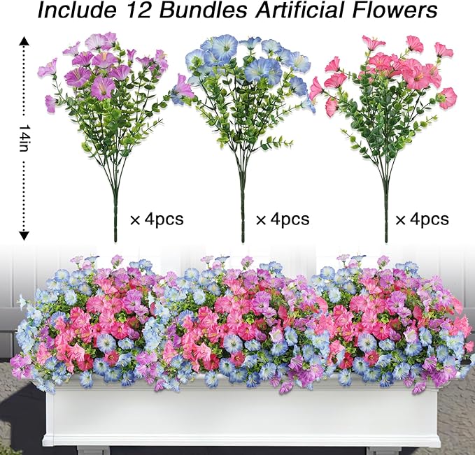 12PCS Artificial Flowers for Outdoor Decorations, Realistic Faux Silk Petunia Flowers for Outside, Fake Plants Morning Glory with Eucalyptus Porch Patio Planters Window Boxes Decor