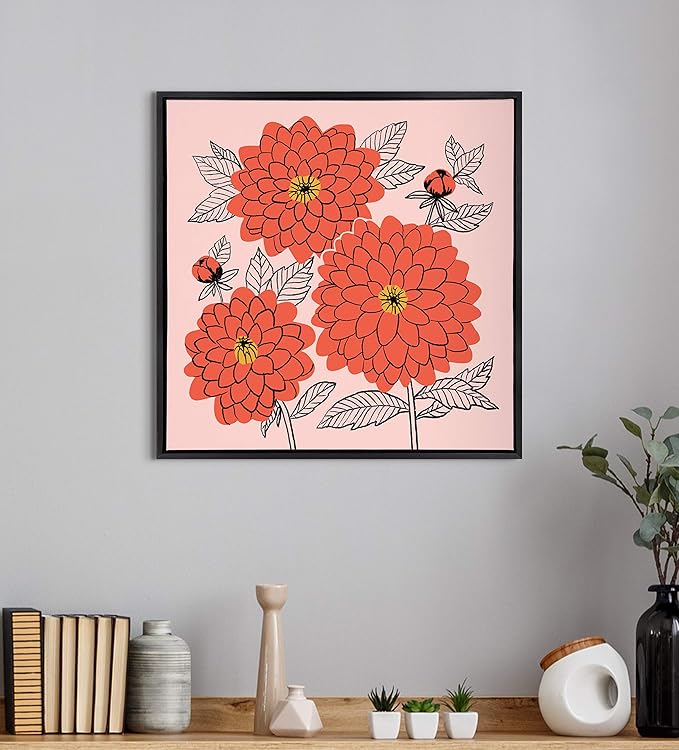 Kate and Laurel Sylvie Sketchy Dahlias Framed Canvas Wall Art by Maria Filar, 24x24 Black, Chic Floral Art for Wall