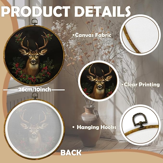 CUANFDDSF Vintage Christmas Reindeer Round Wall Art Decor, Rustic Dark Moody Xmas Reindeer Holiday Wall Hanging Frame Decor, Gothic Christmas Canvas Prints Decorations for Home Bedroom, 10x10 Inch