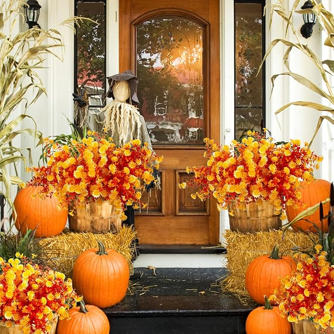 12 Bundles Artificial Fall Flowers for Outdoors Fake Plants - Faux Outside Greenery Boxwood No Fade Plastic Shrubs Decor Farmhouse Home Garden Thanksgiving (Fall Yellow)