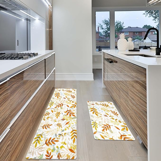 SHACOS Fall Anti Fatigue Kitchen Mat 2 Pcs Autumn Orange Leaves Maple Leaf Non Slip Cushioned Kitchen Floor Mats Ergonomic Standing Mat Fall Decor 17x27.5+17x47