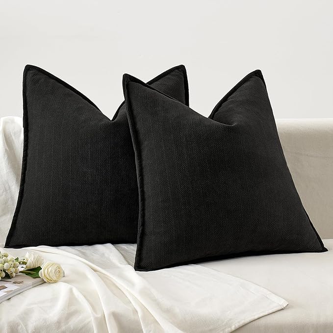 MIULEE Pack of 2 Black Decorative Pillow Covers 22x22 Inch Soft Chenille Luxurious Couch Throw Pillows Farmhouse Cushion Covers Euro Shams with Elegant Design for Sofa Bedroom Living Room Home Decor