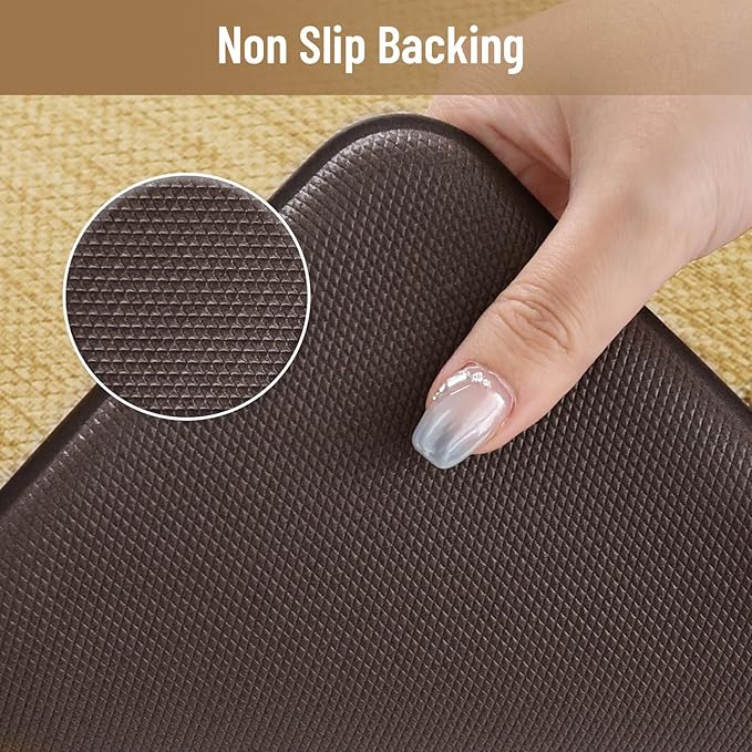 KIMODE Anti Fatigue Kitchen Mats for Floor, Farmhouse Kitchen Rugs Sets of 2, Cushioned Kitchen Floor Mats, Comfort Standing Mat for Sink Laundry Office Desk Brown/Khaki 17"x47"+17"x29"