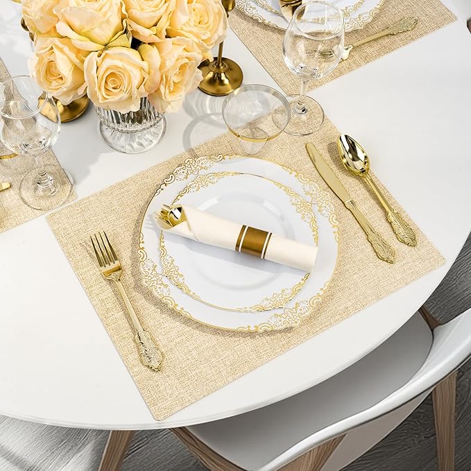 350PCS Gold Plastic Plates for 50 Guests, Disposable Dinnerware Sets Include 100 Gold Rim Plastic Plates, 50 Silverwares, 50 Cups, and 50 Pre Rolled Napkins for Party, Wedding, Graduation