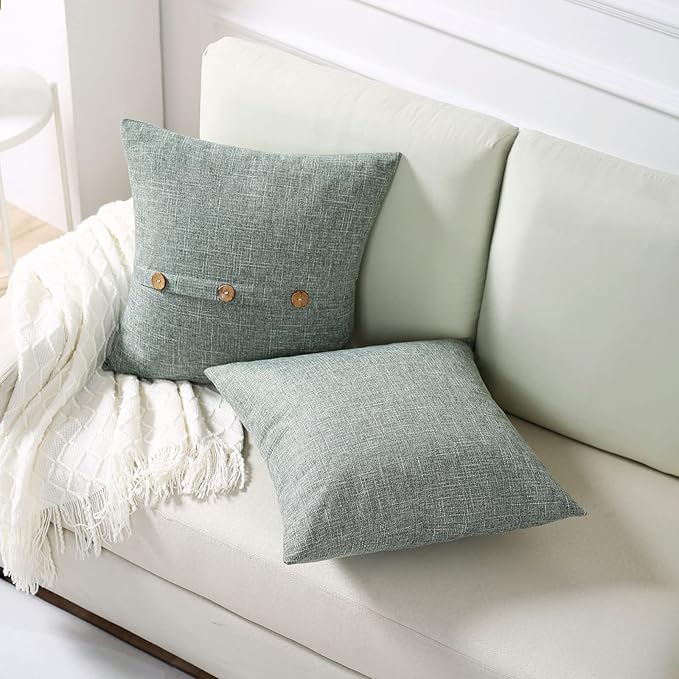 HAUSSY Sage Green Linen Decorative Throw Pillow Covers 20x20 Inch Set of 2,Square Cushion Case with 3 Vintage Buttons,Modern Farmhouse Home Decor for Couch,Bed