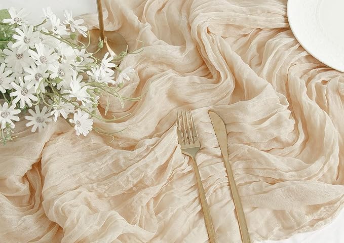 FEXIA 3 Pack Beige Table Runner 35x120 Inches for Baby Shower Decoration Gauze Spring Easter Table Runner for Wedding Party First Communion Centerpiece Engagement Bridal Shower Decoration