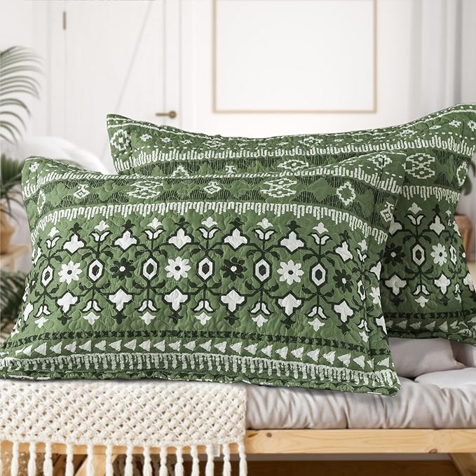 VAPUTAR Boho Quilts King Size, Stripe Reversible King Quilt Set, Lightweight All-Season Coverlet & Boho Bedspread- 3 Piece/Green