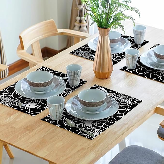 Halloween Placemats 12×18 Inches Set of 4 Spiders Black White Spiderweb Seasonal Holiday Indoor Kitchen Dining Table Place Mats for Home Party Decoration