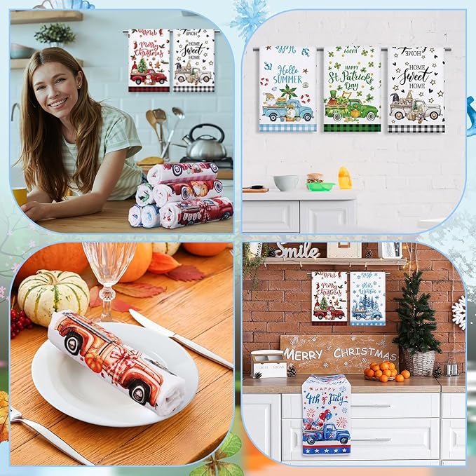 12 Pcs Seasonal Kitchen Towels Set for All Holidays Hand Dish Tea Towels Fall Halloween Christmas Cute Drying Dishcloths Decorative Absorbent Wash Cloths(Truck Style)